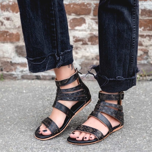 Bed|Stu Artemis Gladiator Sandals 6 Black Distressed Leather Boho Festival - Picture 4 of 14